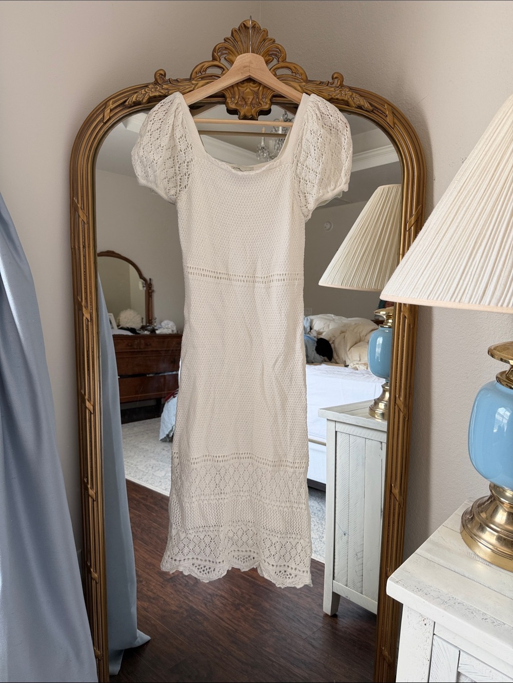 Cream Crochet Midi Dress with Puff Sleeves
